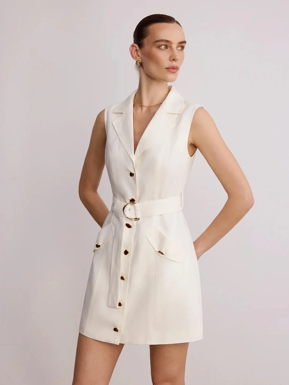 195 Blazer Collar Sleeveless Belted Linen Mini Dress
